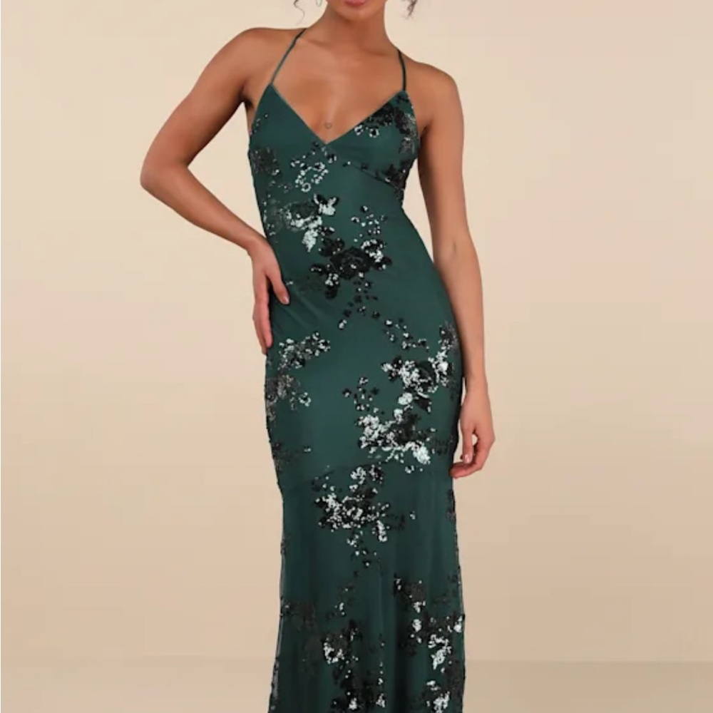 Lulus Valhalla Green Sequin Lace-Up Maxi Dress size small